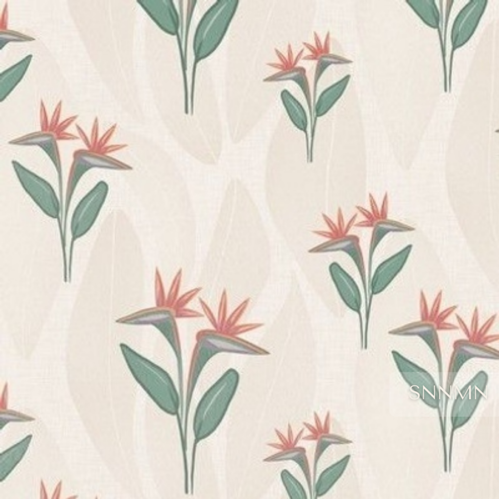 Bird of Paradise Tropical Floral -Soft Nordic Banana Leaf Botanical Pattern Sample-Soft tropical floral pattern with bird of paradise and banana leaves in a muted Nordic palette. Linen texture and rain effect.