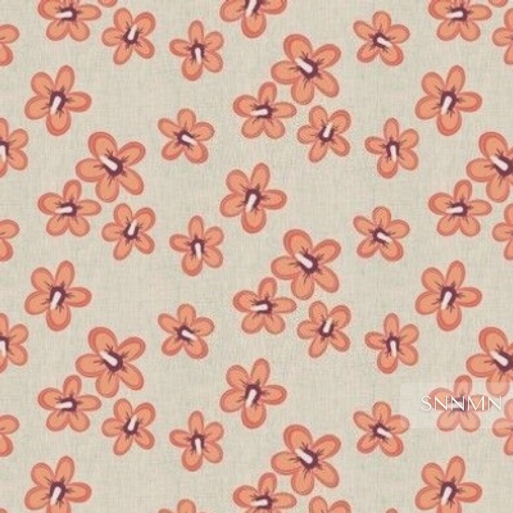 Hibiscus Tropical Floral Pattern - Soft Nordic Botanical on Sand Linen- sample in muted coral, orchid, and mulberry tones on a soft sand linen background with subtle eucalyptus texture