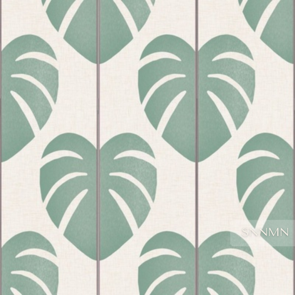 Monstera Leaf Pattern- Tropical Nordic Botanical Linen Large Scale- sample-Structured monstera leaf pattern in eucalyptus green with subtle stripe detail on a warm linen background.
