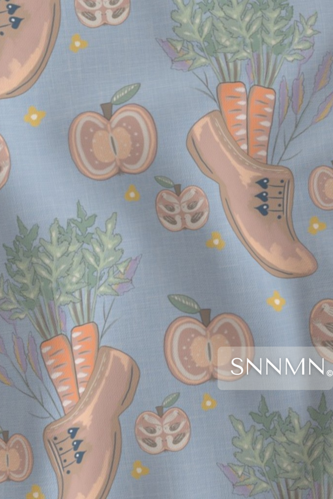 Nordic Farmers Market Clogs Floral Gouache Pattern on Fog Blue Linen Fabric Sample-design by SunnaMáni