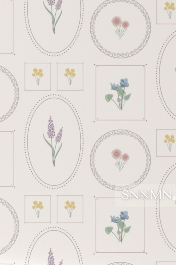 Nordic Framed Wildflowers Wallpaper in Soft Blue and Lilac Sample-design by SunnaMáni
