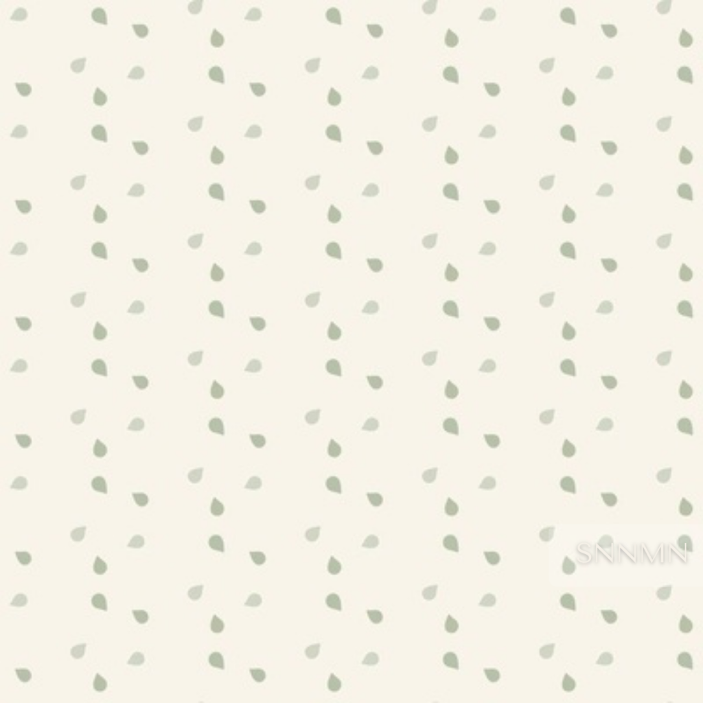 Nordic Leaf Dot pattern sample-Tiny rounded teardrop leaves in muted sage and soft moss on warm cream. 0.5" leaves, 8–12 per 4 inches. Irregular spacing.