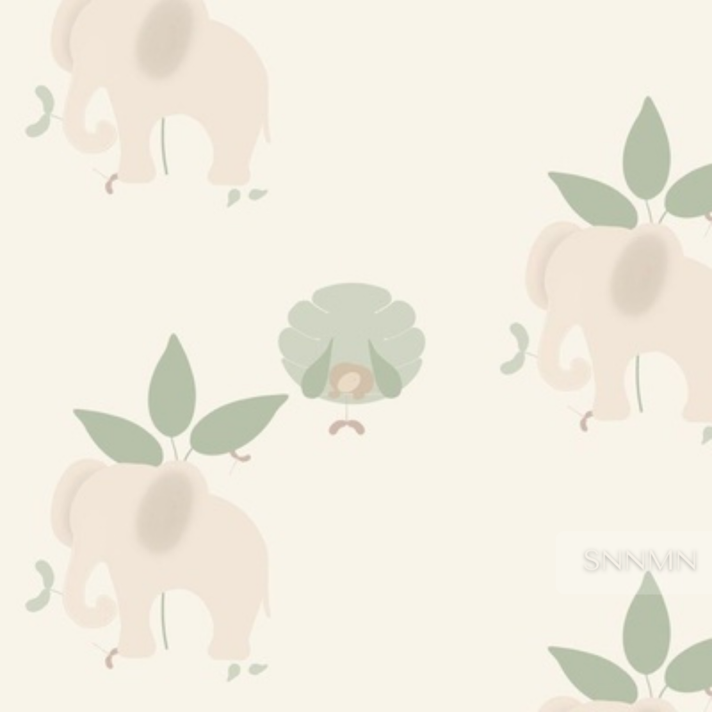 Nordic Lullaby Jungle wallpaper sample — oatmeal elephant and sleeping sloth among muted sage leaves.