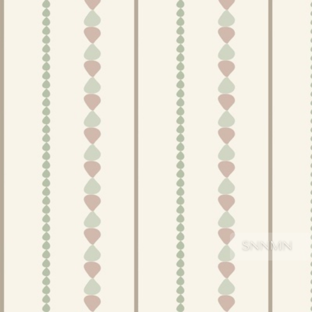 Nordic Lullaby Stripe pattern sample-A soft vertical stripe in warm cream, anchored by thin foggy taupe lines. A faint dotted sage line and a delicate leaf accent stripe in soft moss and dusty terracotta