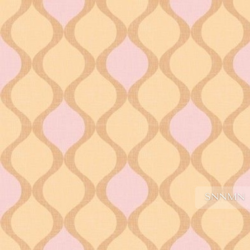 Vertical Ogee & Wave Lines - Peach & Pink on Clay Pattern sample-Vertical ogee shapes in peach and pink with clay wave lines on clay linen. Straight repeat. Fabric & Wallpaper CollectionNordic Patterns by SunnaMánis
