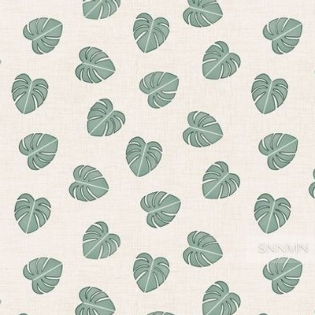 Small Scale Monstera Leaf Pattern sample-eucalyptus green leaves and deep forest outlines on a warm linen textured background