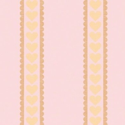 Vertical Hearts & Scalloped Lines - Pink Linen Texture-sample-Hearts on vertical lines with scalloped edges in clay on soft pink linen. Straight repeat.