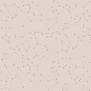 Airy constellation pattern featuring blood orange stars connected by delicate mauve lines on warm oatmeal.