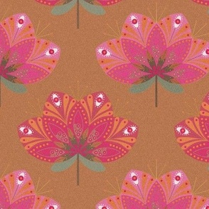 Geometric flowers in a folk art style. Featuring a palette of orange, pink, muted green, golden brown, and white on a terracotta background- 6 x 6-inch scale and half drop repeat.