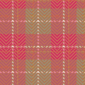 Modern Folk Art chevron plaid pattern featuring a palette of orange, pink, muted green, golden brown, and white - 4.8 x 4.8-inch scale repeat.